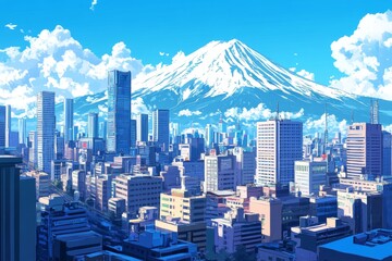 Obraz premium Future Envisioned: anime-style Futuristic Cityscape with Mount Fuji in the Background, Embracing the Anime Aesthetic of Technology and Innovation,Anime-Style,illustration,Picture BooksFor Poster,Novel