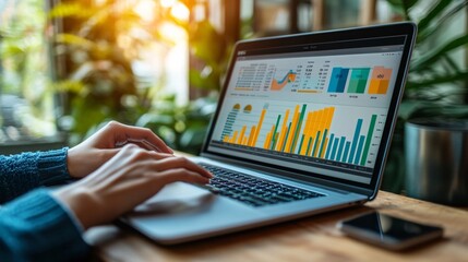 A person using an online budgeting tool on their laptop with colorful charts and graphs showing their financial progress Stock Photo with copy space