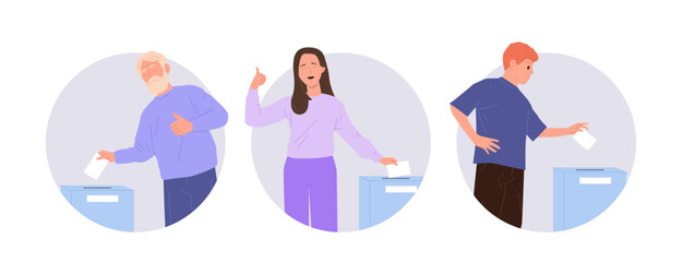 Vote isolated round composition with people citizen cartoon characters throwing ballot into box