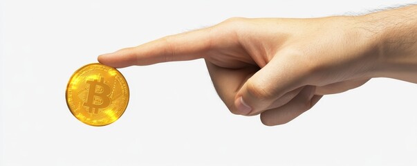 Fototapeta premium Hand pointing at a gold bitcoin coin.