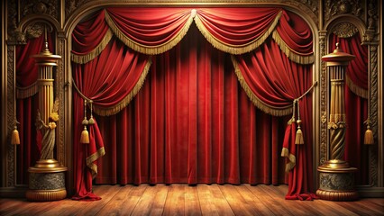 Elegant velvety red curtains frame a dimly lit stage, with subtle lighting highlighting intricate folds and ornate golden tassels, evoking drama and luxury.