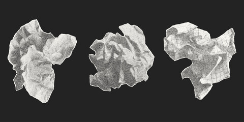 Set of crumpled lumps of different paper isolated on dark background. Gritty dusty dotted effect, vector elements with jagged edges, old notebook sheets.