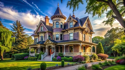 Fototapeta premium Elegant Victorian-style mansion with ornate facade, turrets, and sprawling porch, surrounded by lush greenery and mature trees, evoking classic American charm and nostalgia.