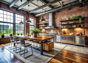 Industrial Loft Kitchen: Edgy, open-concept kitchen with exposed brick and metal accents.
