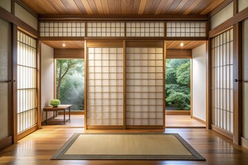 Japandi Serenity: Sliding door with natural wood and rice paper panels, bringing the tranquility of Japanese aesthetics to a modern space.