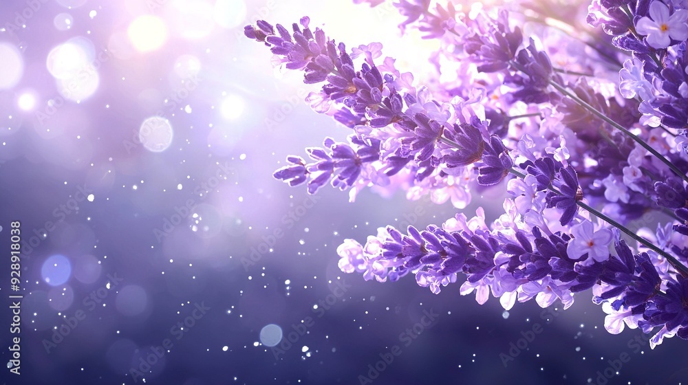 Poster a sharp focus on a group of purple flowers against a soft, out-of-focus background with a hint of li