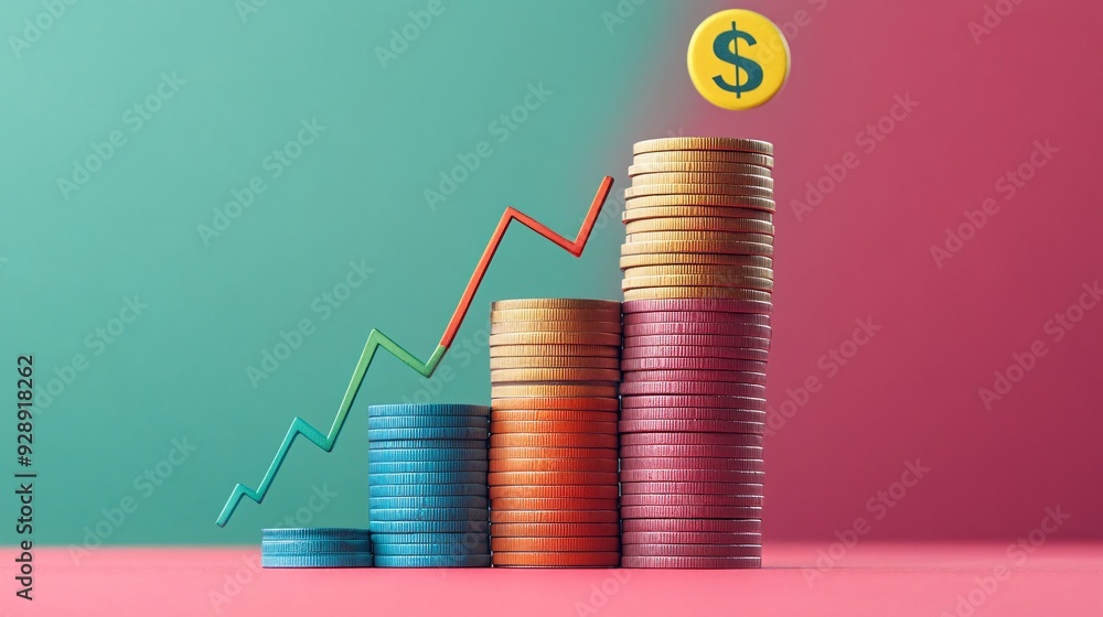 Poster An infographic showing how interest rates affect the cost of loans and the growth of savings using visual aids like percentage signs and arrows Stock Photo with copy space
