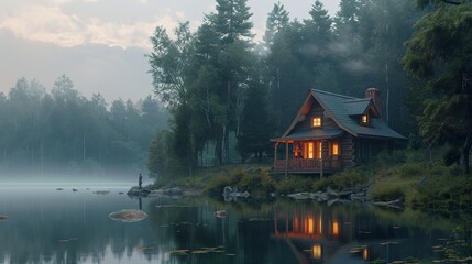 Fototapeta premium Tranquil Lakeside Retreat for Your Getaway, Foggy day