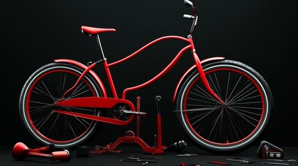 Fototapeta premium A bright red bicycle stands out against a black background, surrounded by tools.