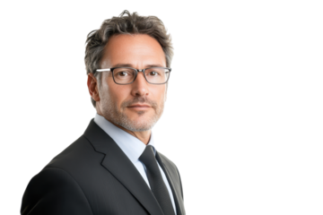 Confident businessman wearing glasses and a suit, looking at the camera with a serious expression against a transparent background.