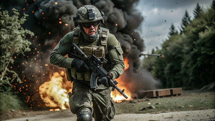 Fototapeta premium war, military soldier with rifle, explosions around, AI generated