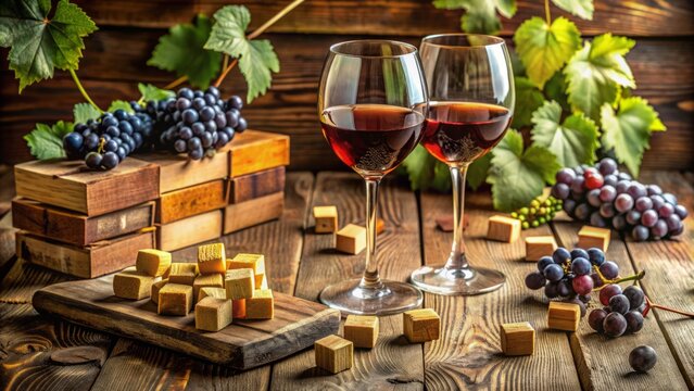 Elegant wine glasses sit atop a rustic wooden table, surrounded by vintage alphabet blocks and a few scattered grapes, evoking a sense of sophistication and whimsy.