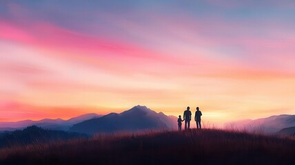 A family watching the sunset from a hilltop, the sky painted in shades of pink and orange, a serene Labor Day evening. Watercolor