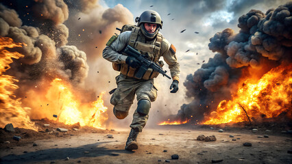 war, military soldier with rifle, explosions around, AI generated