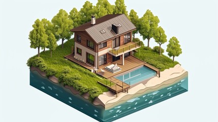 Isometric Illustration of a Lakeside Home