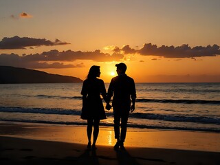 Silhouette photo of a couple together with a beautiful beach view as the sunset 