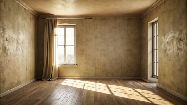 Empty, beige-walled room with bare floors and a single, curtainless window casting a stark, lonely shadow, evoking a sense of abandonment and desolation.