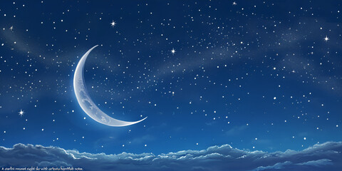 Tranquil Crescent Moonlit Sky, Stars Shining in the Night