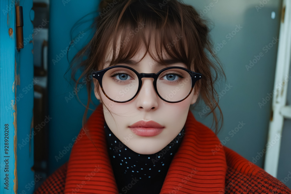 Wall mural a woman wearing a red coat and black glasses