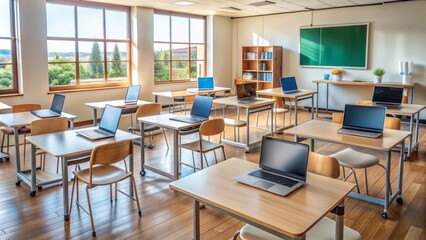 Empty desks with laptops and masks in a deserted classroom with whiteboard and chairs, conveying the impact of the pandemic on education.