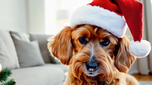 Adorable Cockapoo Puppy Wearing a Santa Hat Sitting Beside a Decorated Christmas Tree in a Cozy Living Room. Concept of Festive Holiday Spirit, Cute Pets, Christmas Celebrations, and Seasonal Joy.