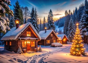Fototapeta premium Nostalgic Winter Wonderland: Cozy cabins, twinkling lights, snowy landscapes, warm colors, retro vibes