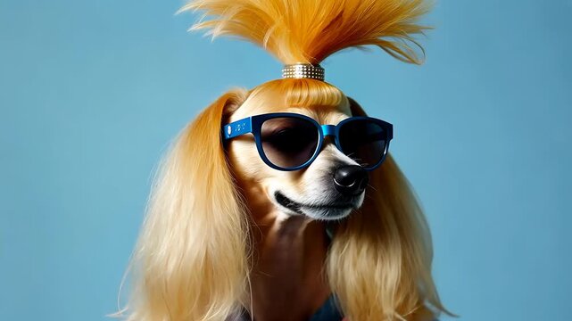 Fashionable dog in wig sunglasses blue background