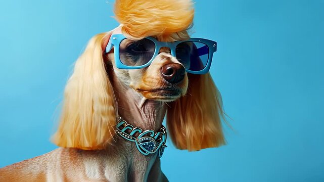 Stylish cocker spaniel dog wearing sunglasses collar on blue background