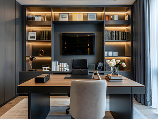 Modern Home Office Interior Design with Bookshelf and Desk - Realistic Image
