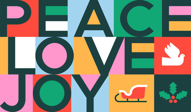 Colorful Christmas peace, love, joy text and flat icon vector illustration card