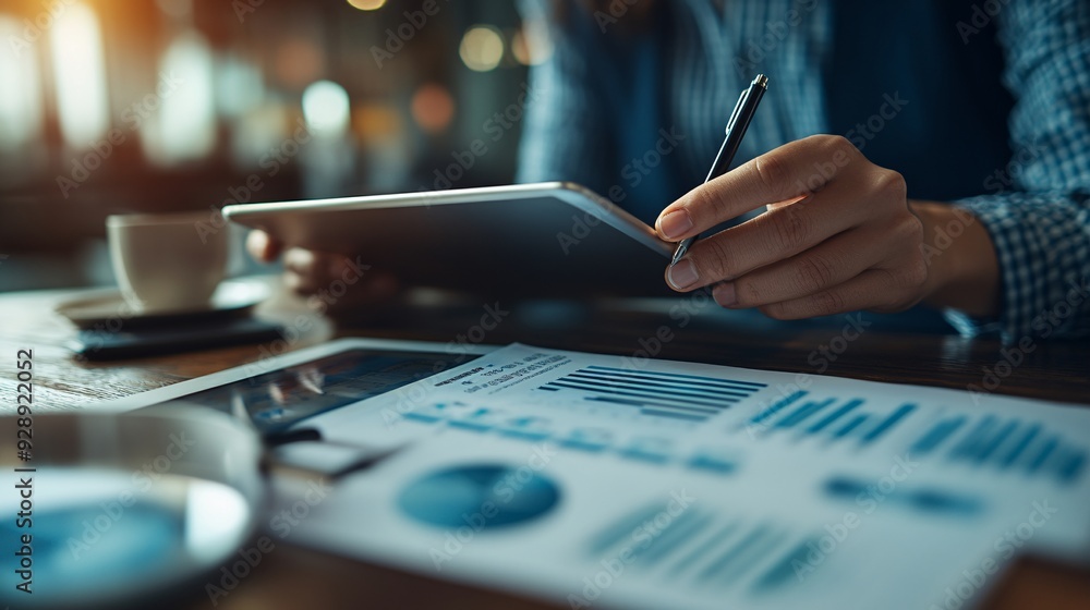 Poster a person reviewing their credit report on a tablet making notes on areas that need improvement stock