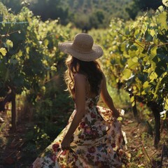 Portrait of a young woman in a floral dress and straw hat standing in a vineyard.