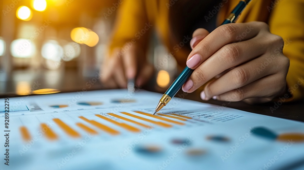Poster a person reviewing their credit report on a tablet making notes on areas that need improvement stock