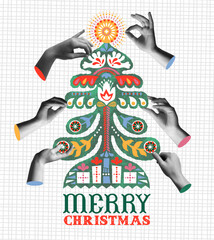 Christmas retro watercolor folk pine tree and hands in collage vector illustration