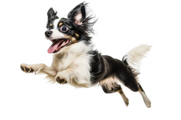 Energetic small dog mid-jump, displaying a playful and joyful demeanor. Perfect for pet, animal, and motion-related themes.