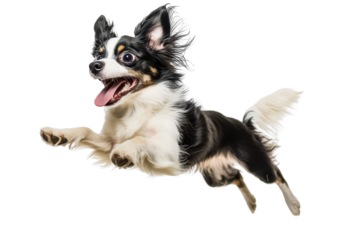 Energetic small dog mid-jump, displaying a playful and joyful demeanor. Perfect for pet, animal, and motion-related themes.