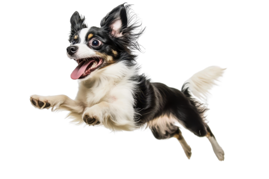 Energetic small dog mid-jump, displaying a playful and joyful demeanor. Perfect for pet, animal, and motion-related themes.