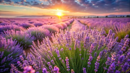 Fototapeta premium Serene Lavender Field in Soft Sunlight: Calming mood, pastel violet tones, gentle breeze, floral aromas, soothing textures
