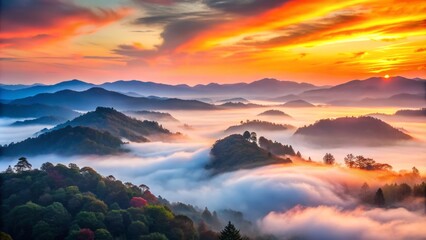 Obraz premium Ethereal misty dawn breaks over undulating hills, vibrant hues of orange and pink bleeding into soft blue skies, serene and surreal natural landscape.