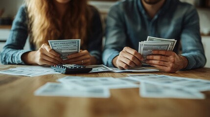 A couple reviewing their debt repayment plan together They are seated at a table with bills and a calculator making a strategy to eliminate debt Stock Photo with copy space