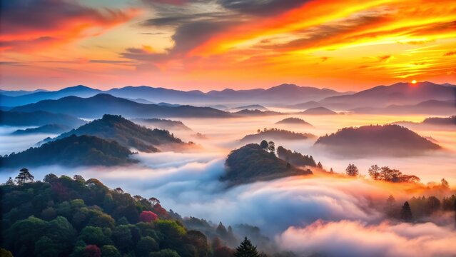 Ethereal misty dawn breaks over undulating hills, vibrant hues of orange and pink bleeding into soft blue skies, serene and surreal natural landscape.