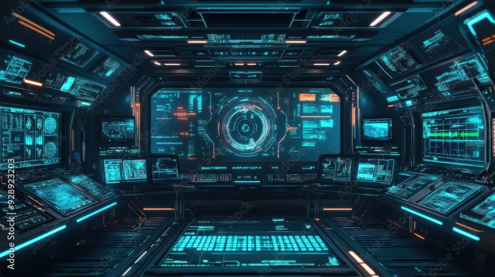 Poster futuristic control room with advanced technology displays and interfaces.
