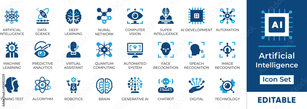 Fototapete artificial intelligence icon set featuring essential ai concepts like machine learning, deep learnin