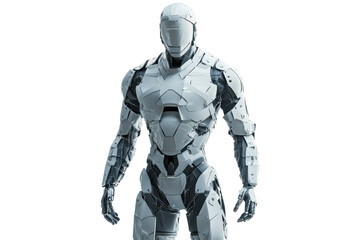 Fototapeta premium Futuristic white humanoid robot in armor standing, representing advanced technology and AI innovation for future concept and design.