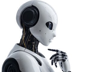 Futuristic white humanoid robot thinking with hand on chin, showcasing advanced technology and artificial intelligence.