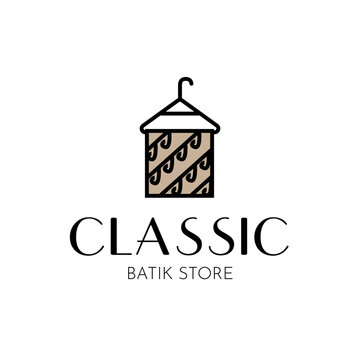 Clothes hanger adorned with batik cloth ideal for a classic and unique elegant boutique logo design icon