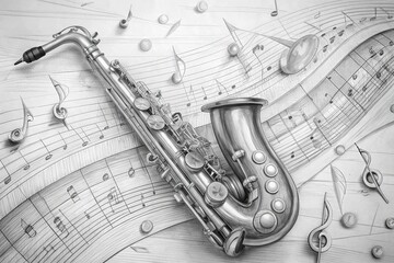 Sketches of Harmony: Delicate pencil strokes capturing the subtle nuances of saxophone melodies, complemented by bold vector shapes.