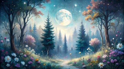 Naklejka premium Ethereal watercolor artwork depicting a whimsical, moonlit forest, with soft, blended hues and delicate florals, evoking a sense of enchantment and wonder.