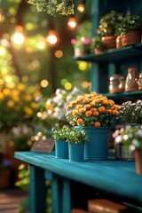 Fototapeta premium Vibrant potted flowers on a colorful shelf, surrounded by warm lights, creating a lively and cheerful garden atmosphere.