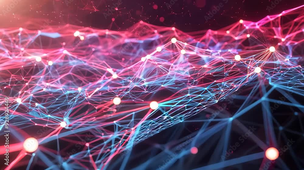 Poster digital landscape transforming with glowing lines and dots